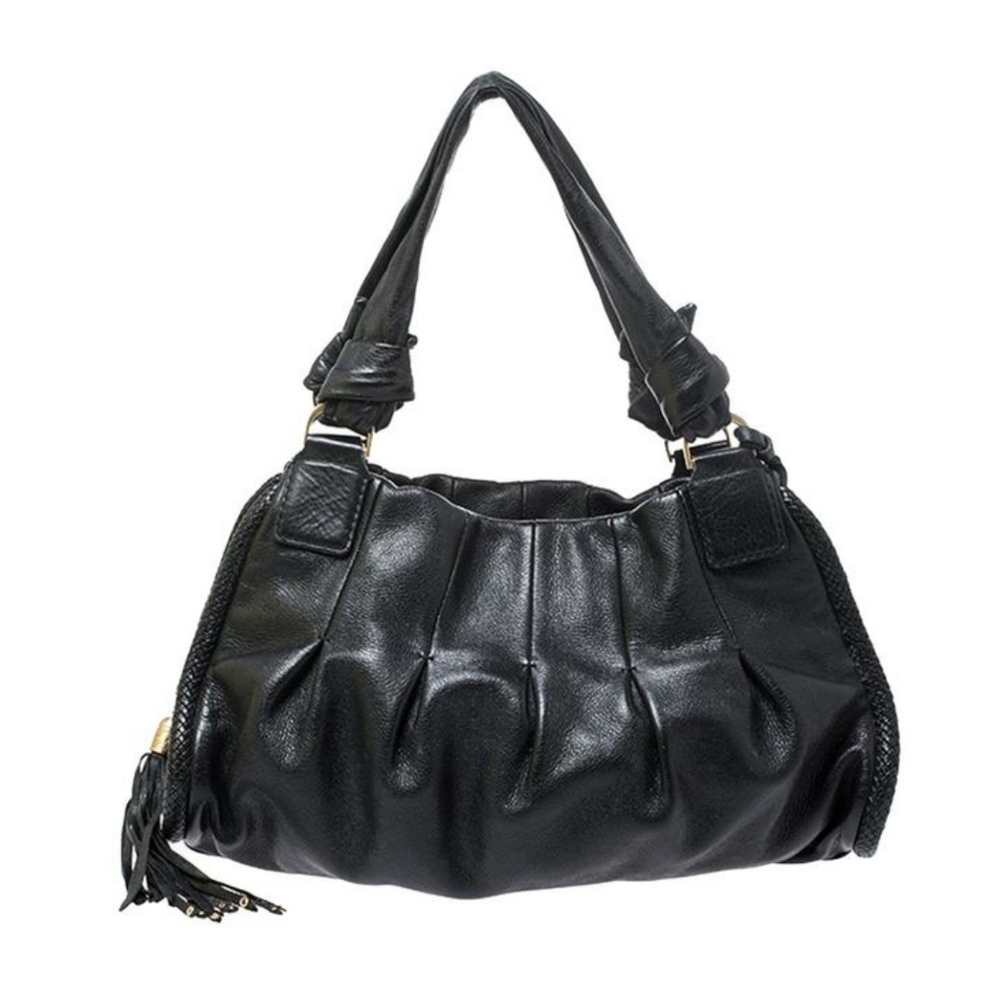 Cole Haan pleated soft black leather tassle shoulder bag EUC